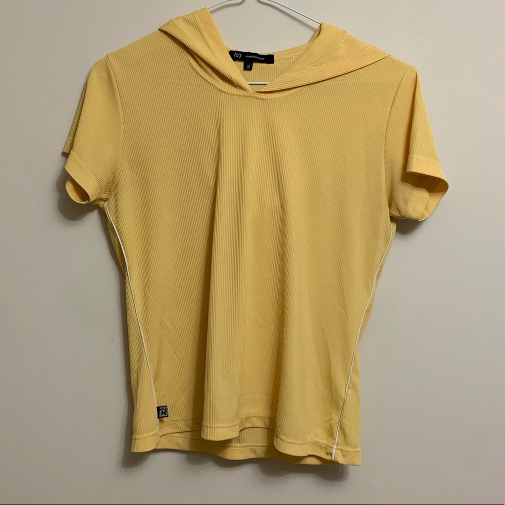 Yellow hooded cropped top with white stripe